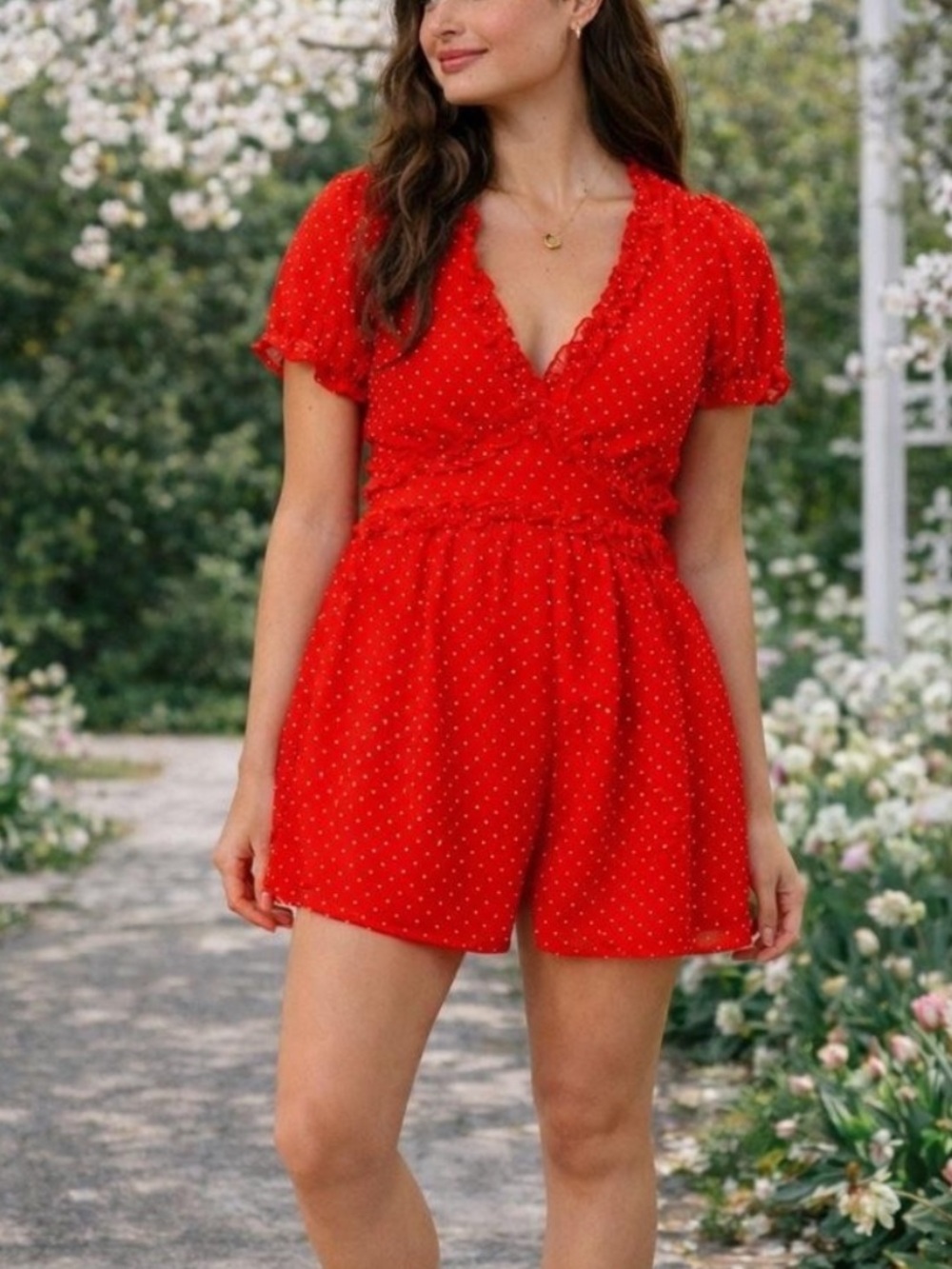 NWT Altar’d State Red & White Polka Dot Short Sleeve Romper - Size Medium